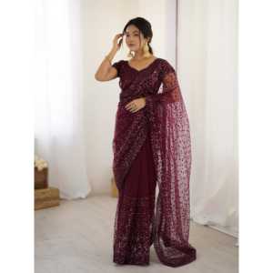 Hermoso Sari para Mujer para Fiestas, Conjunto de Traje con Lentejuelas y Bordado Dori - Product Image 4