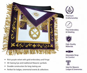 Delantal masónico hecho a mano, terciopelo morado, bordado dorado, forma cuadrada con flecos y símbolo de ojo, accesorio decorativo masónico - Product Image 6