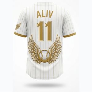Maillot de baseball personnalisé de qualité supérieure, blanc avec rayures dorées, broderie 3D sur le devant et le dos, pour homme adulte, en polyester respirant - Product Image 6
