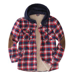 Flannel Cotton Jacket Sherpa Lined Quilted Long Sleeve Plaid Snap Button up Hooded Jacket <b>Shirt</b> - Product Image 1