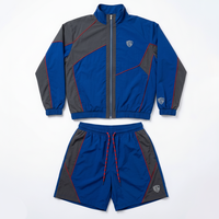 Conjunto Deportivo Color Azul Grisáceo con Bloques de Color, Chaqueta con Cremallera de Manga Larga y Pantalones Cortos Deportivos de Secado Rápido, Poliéster, Unisex para Adultos, Ropa de Primavera