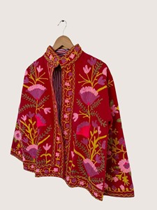 Manteau à col mandarin brodé de fleurs rouges, manches longues, style bohème, vêtement d'extérieur décontracté pour adultes, à porter en automne - Product Image 3