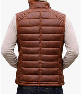 Gilet matelassé en cuir d'agneau véritable pour homme, style délavé, matelassage losanges, fermeture éclair, sans manches, veste d'hiver - Product Image 3