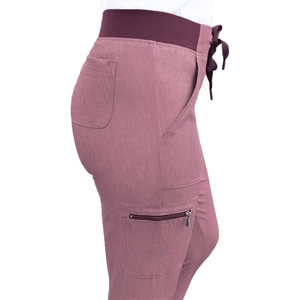 Ensemble de blouses médicales pour femmes en mélange de coton tissé, uniformes d'hôpital roses, haut à col en V et pantalon avec poches et taille à cordon de serrage - Product Image 3