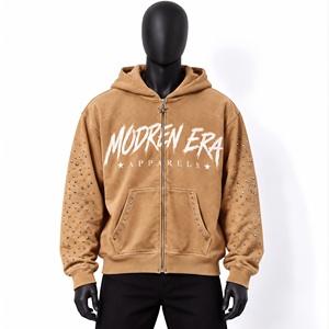 Sudadera con capucha y cremallera completa, color blanco nieve, con pedrería, personalizada, OEM, de forro polar grueso, para ropa urbana con gráficos, fabricación de prendas de vestir. - Product Image 5