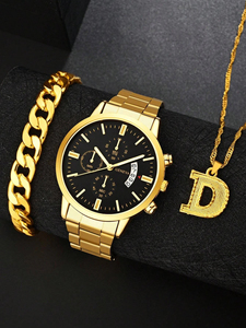 Montre à quartz sportive décontractée pour homme en acier inoxydable doré avec calendrier et bracelet tendance assorti - 192019 - Product Image 2