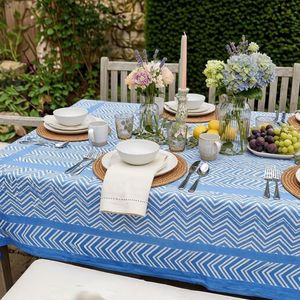 Chevron Blue Hand Block Printed <b>Tablecloth</b> 180x270cm Handmade Designer 100% Cotton Dining Table Cover Home Decor Style - Product Image 4