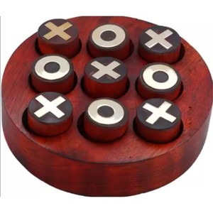 Handmade Wooden Round Tic Tac Toe Board Game Set Brass Inlay Naughts and Crosses Coffee Table Decor Puzzle Toy for Adults Kids - Product Image 1
