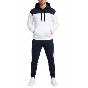 Ensemble de survêtement pour homme très demandé, deux tons, sweat à capuche et pantalon, bleu marine et blanc, vêtements de sport - Product Image 1