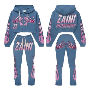 420 GSM Premium Cotton Polyester Fleece Blue Pink Custom Printed Embroidered Tracksuit Cropped Hoodie Jogger <b>Set</b> - Product Image 1
