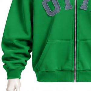 Sweat à capuche zippé vert pour homme, avec patch lettres en chenille, en molleton épais, coupe droite, style streetwear décontracté, poche kangourou, hiver - Product Image 6