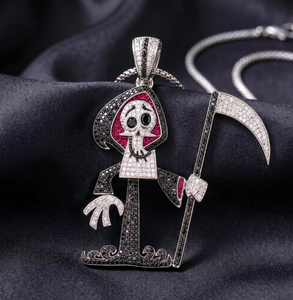 Collier pendentif Halloween en argent 925 avec moissanite et perle d'eau douce, chaîne à maillons, breloque crâne de dessin animé et Grim Reaper, bijou pour fête - Product Image 1