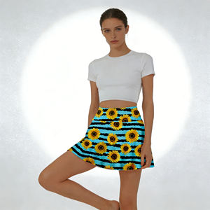 Oferta especial en Temu |   Minifalda con estampado de girasoles para mujer, falda skater de cintura alta con rayas azules y negras, estilo casual para verano y ropa de calle - Product Image 1