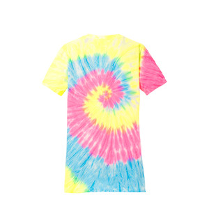 T-shirt décontracté d'été pour femme à col en V, tie-dye, manches courtes, coupe classique, en jersey 100 % coton, motif spirale bleu, rose, jaune - Product Image 5