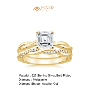 Anillo de compromiso de moissanita Asscher en tono dorado con vástago retorcido y detalles pavé, joyería de boda solitaria, regalo de propuesta - Product Image 6