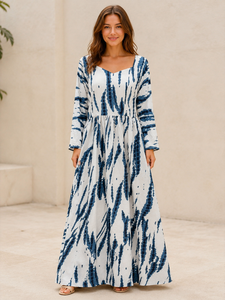 Vestido Western de Manga Larga con Estampado Tie Dye Blanco para Mujer, Escote Corazón, Acampanado, con Lazos y Espalda Recortada, Ropa de Mujer al por Mayor - Product Image 1