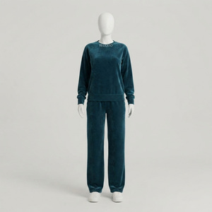 Conjunto de dos piezas de terciopelo para mujer, bordado, estilo urbano, con capucha, manga larga, color liso, ajuste casual y ceñido, para invierno, con parches de longitud completa. - Product Image 1