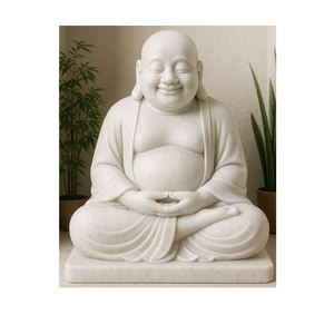 Sculpture de Bouddha riant en marbre blanc, taille réelle, sculptée à la main, de haute qualité - Product Image 3