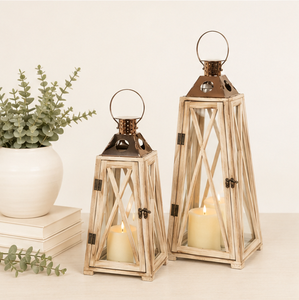 Juego de 2 Faroles Rústicos de Madera Hechos a Mano, de Madera de Acacia Blanqueada, Portavelas Decorativos para Decoración del Hogar Estilo Granja - Product Image 6