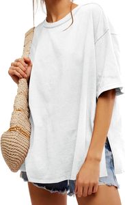 เสื้อยืดคอกลมแขนสั้นทรงโอเวอร์ไซส์สำหรับผู้หญิง สีพื้น ผ้าฝ้าย 100% ทรงหลวม สวมใส่สบาย เหมาะสำหรับฤดูใบไม้ผลิและฤดูร้อน เสื้อถักเนื้อเจอร์ซีย์ - Product Image 4