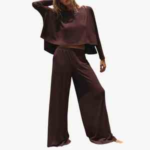 Ensemble décontracté pour femme de qualité supérieure, haut à manches longues en tricot uni et pantalon large, coupe ample, col rond, jersey, ensemble d'été pour femme - Product Image 1