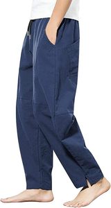 Men's Cotton Linen Drawstring <b>Pants</b> Elastic Waist Casual <b>Summer</b> Beach <b>Pants</b> - Product Image 4