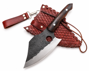 Cuchillo de caza y camping de acero D2 con orificio para el dedo, funda de cuero personalizada, mango de madera Wenge y hoja recta OEM - Product Image 3