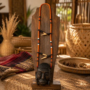 Handcrafted Natural Bead & Bone Bead <b>Necklace</b> with Wooden Tribal Face Pendant Boho <b>Statement</b> <b>Necklace</b> - Product Image 3