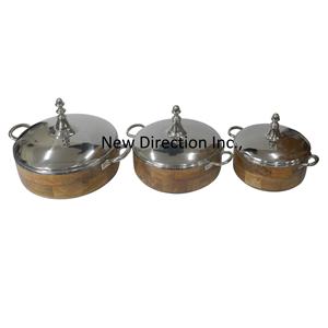 Serveur de nourriture arrondi en bois naturel ensemble de 3 casseroles chaudes vaisselle servant des aliments marmite maison cuisine restauration utilisation - Product Image 3