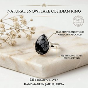 Piedra de Obsidiana Copo de Nieve en Forma de Pera con Engaste de Bisel, Hecha a Mano en Oro Rosa y Plata de Ley 925, Joyería Boho con Gema Negra Natural para Fiesta - Product Image 4