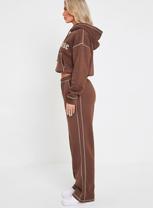 <b>Women</b> Vintage Solid Pullover Cropped Hooded <b>Tracksuit</b> Full Sleeve Loose Fit Casual Streetwear Sweat Hoodie Sweat Pant Jogger - Product Image 3