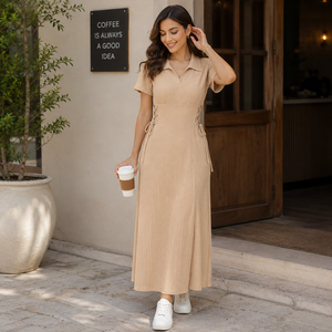Vestido maxi beige texturizado con cuello camisero y cordones laterales para mujer |   Vestido Largo Casual Elegante de Verano para Oficina con Mangas Cortas y Cintura Ajustada - Product Image 4