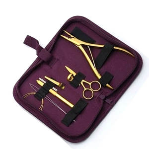 Kit d'outils professionnels pour extensions de cheveux avec pinces métalliques plaquées or, ciseaux, aiguilles, crochets et clips pour l'installation et le retrait - Product Image 2