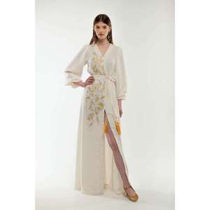 Cotton Embroidered <b>Boho</b> Wrap Maxi <b>Dress</b> Women Ivory Floral Long Sleeve Vintage Ethnic <b>Summer</b> <b>Dress</b> - Product Image 5
