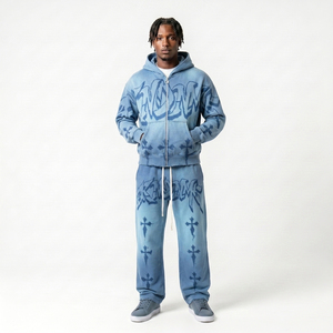 Men's Blue <b>Tie</b>-<b>Dye</b> Streetwear Tracksuit Hoodie & Sweatpants <b>Set</b> Full Zipper Loose Fit Printed Cross Pattern 100% Cotton Suite - Product Image 1