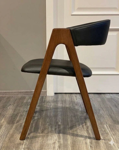 Modern Solid Wood Tub <b>Chair</b> with Curved Back, <b>Black</b> PU Leather Upholstered Seat, A-Frame Wooden Legs - Product Image 4