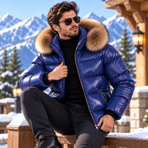 <b>Men</b> Puffer Leather <b>Jacket</b> With Fox <b>Fur</b> Hood | Piumino Lucido Uomo | Chaqueta Brillante | Doudoune Brillante | LederJacke Herren - Product Image 3