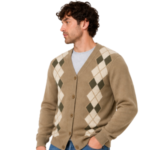 <b>Mens</b> Autumn Argyle V Neck Preppy <b>Cardigan</b> Knitted Sweater Diamond Pattern Button Front Long Sleeve Classic Casual Warm Winter - Product Image 3
