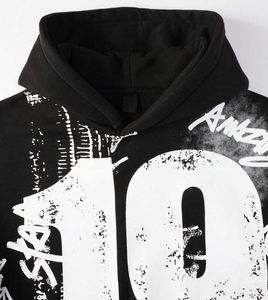 <b>Men's</b> Oversized Hooded Sweatshirt Black White Graffiti Print Streetwear Style Cotton Knitted Regular Fit Autumn Wear - Product Image 4