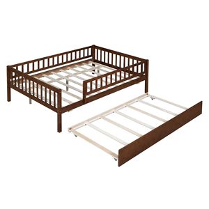 Letto a giorno in legno di noce a grandezza naturale con letto estraibile e sponde di sicurezza per la cameretta dei bambini - Product Image 5