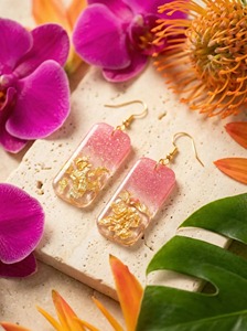 Handmade Resin Earrings <b>Pink</b> Gold Leaf Rectangular Dangle Fashion Jewelry Valentine's Day <b>Gift</b> - Product Image 5