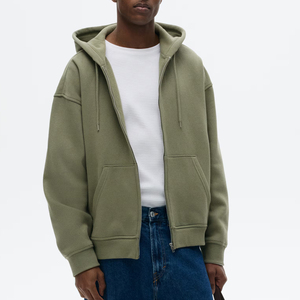 Sudadera con Capucha y Cierre para Hombre, Color Verde Oliva, Corte Holgado, Informal, de Algodón Tejido, Color Sólido, Transpirable, para Otoño - Product Image 5