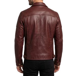 Oxblood Asymmetric Zipper Leather <b>Jacket</b> For Mens Wide Notched Lapels Layout <b>Cafe</b> <b>Racer</b> Rocker Biker Deep Red Leather <b>Jackets</b> - Product Image 2