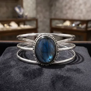 Pure 925 Sterling <b>Silver</b> Blue Labradorite <b>Cuff</b> <b>Bracelet</b> Gemstone Bezel Set Statement Jewelry For Women EverydayWear - Product Image 3