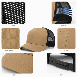 Custom Trucker <b>Hat</b> Khaki Front Black Mesh Back Logo Print Adjustable Unisex Casual Summer <b>Cap</b> 6-Panel Design - Product Image 3