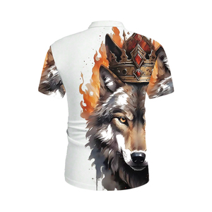 Polo Personalizado con Estampado de Lobo en 3D por Sublimación |   Camiseta gráfica de manga corta con cierre de cremallera para hombre |   Top transpirable con estampado animal en blanco y dorado - Product Image 4