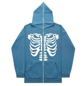 เสื้อฮู้ดซิปสีน้ำเงินกรมท่าสำหรับผู้ชาย พิมพ์ลายโครงกระดูกสีขาว สไตล์ลำลอง สตรีทแวร์ ทรงปกติ ผ้าถักเนื้อฝ้าย - Product Image 4