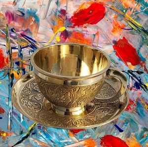 Handcrafted Brass Tea <b>Cup</b> <b>and</b> <b>Saucer</b> Set with Intricate Floral Engraved Design Vintage Gold Finish Decorative Coffee <b>Cup</b> Tea <b>cup</b> - Product Image 4