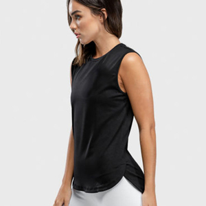 Camiseta sin Mangas Negra para Mujer, Cuello Redondo, Tejida, Transpirable, Estilo Minimalista, Largo Regular, Color Sólido, Ropa Deportiva - Product Image 1