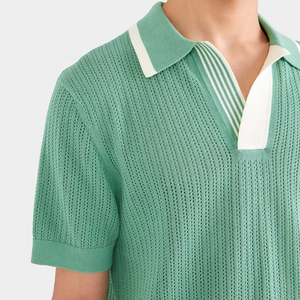 เสื้อคาร์ดิแกนโปโลถักสไตล์วินเทจสำหรับผู้ชาย เสื้อถักคอเปิดแขนสั้นสำหรับฤดูร้อน - Product Image 5